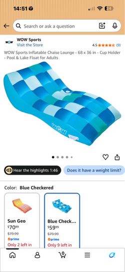 WOW Sports Inflatable Chaise Lounge Pool Float