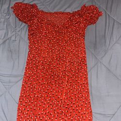 Red Floral Smocked Off Shoulder Dress