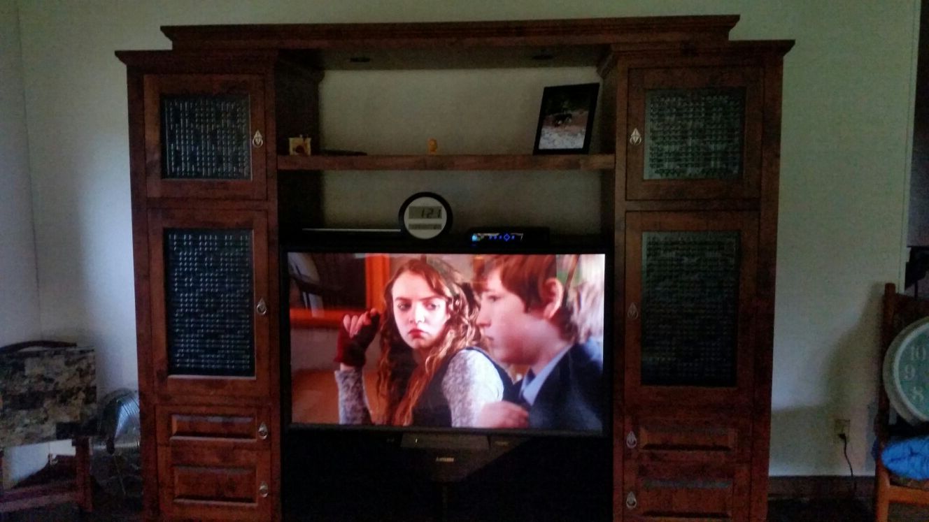 Custom alder wood entertainment center with 50 inch mitsubishi rear projection tv