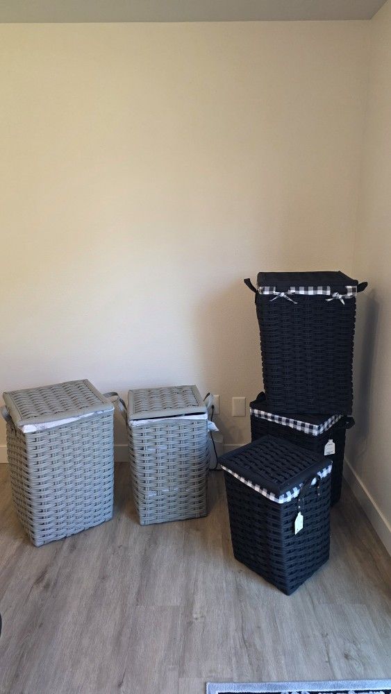 set 5 Floor Standing Laundry Hamper with Printed Buffalo Check Liner
