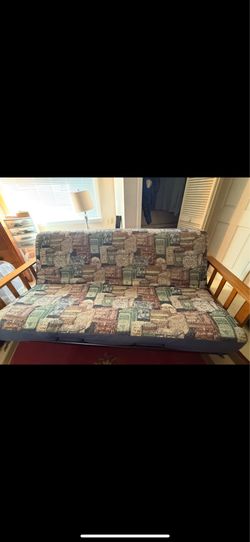 Vintage Style Wooden Futon Sofa Bed Full Queen Frame + Unique Tin Label Fabric Cover
