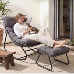Outdoor Rocking Chair with Ottmans, Cozy Papasan Rocking Chair with Thick Cushion, 450lbs Capacity Indoor Outdoor Cozy Rocker for Balcony, Living Room