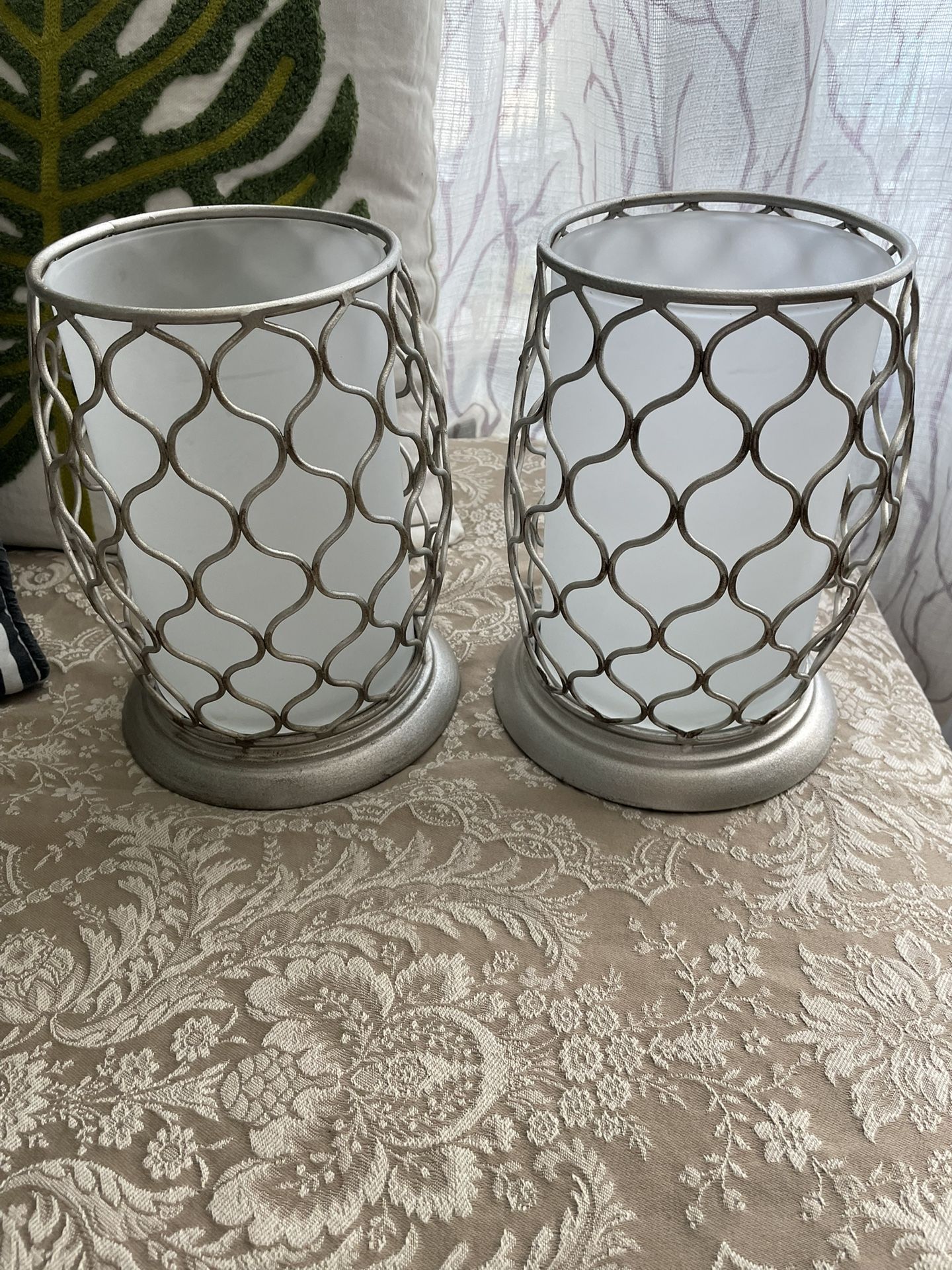 Silver/ glass / Wrought Iron candle holders (2) - 8.5 inches high/ 6.5 wide inches