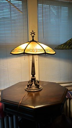 Antique Slag Glass Panel Table Lamp