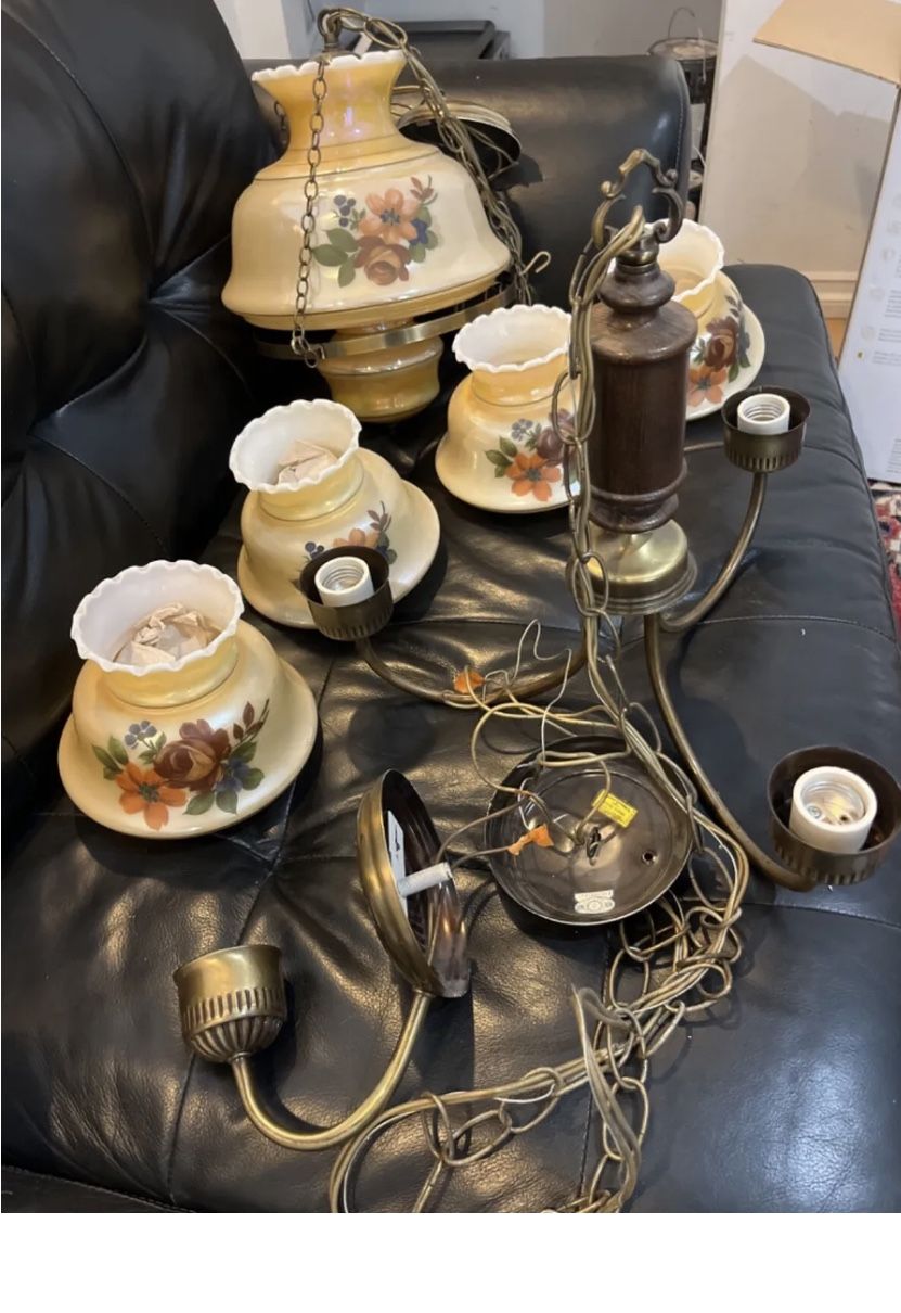 Lot of Vintage Orange Iridescent Ruffled Painted Hanging Lamp/ Chandelier Glass Hurricane Lamp Shade