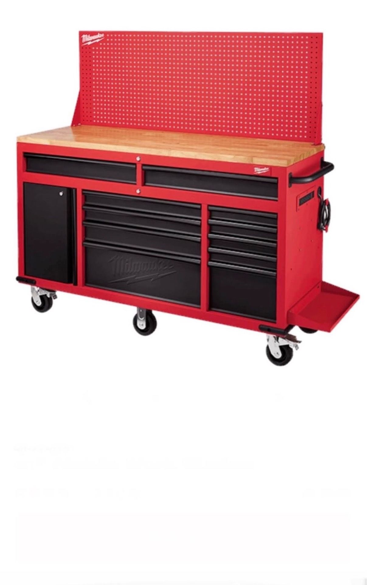 Milwaukee 61 in. 11-Drawer/1-Door 22 in. D Mobile Workbench with Sliding Pegboard Back Wall in Red/Black. New! Open box item. $1350 Location: Arlingto