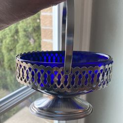 Cobalt Blue Oval Bowl W/ Silver Tone Basket