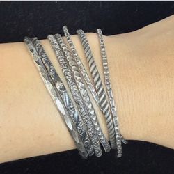 Vintage Set of 7 Sterling Silver Bangle Bracelet, Skinny Patterned Design