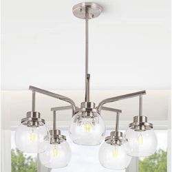 Brushed Nickel Chandelier 5 Light Clear Glass Globes Modern New, Open Box