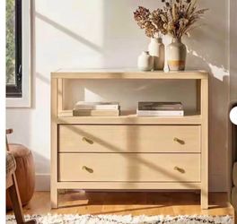 Natural Oak 2-Drawer 31.5 in. W Nightstand with, Open Storage Shelf, Fully Assembled