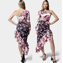 Bebe floral one-shoulder asymmetrical ruffle midi dress Size XS waist cut out