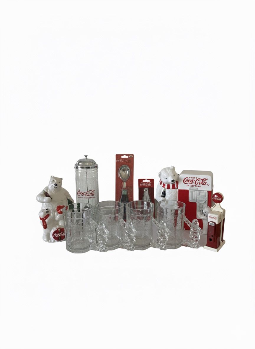 Vintage Coca-Cola Collectibles Lot Polar Bear Cookie Jar Holiday Glasses Dispenser