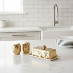 Elegant Gold Hammered Salt and Pepper Shakers with Butter Dish Set, 3-Piece Kit