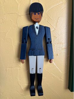 12” Vintage Jointed Wooden poppet dressed in an eques show jumping uniform. Available in Coral Gables. Cash please.