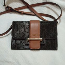 New Calvin Klein Crossbody Purse Wallet PVC Dark Brownc
