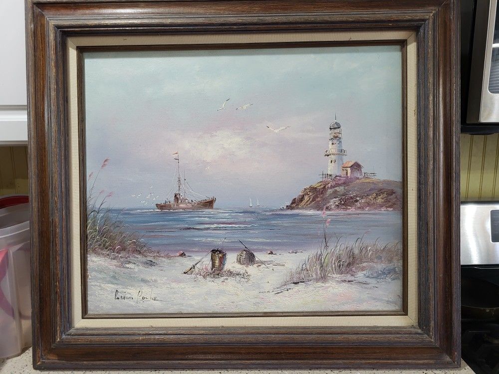 white lighthouse and fishing boat, Original Oil Painting, signed Brian Roche, boat, Seascape, Vintage Art , beach, Canvas, dunes, seagulls