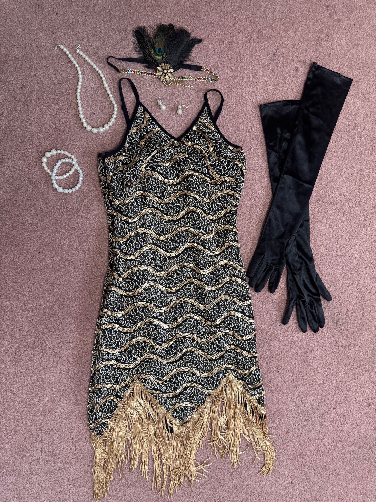 New small black fringe beaded sequin flapper costume dress accessories vintage