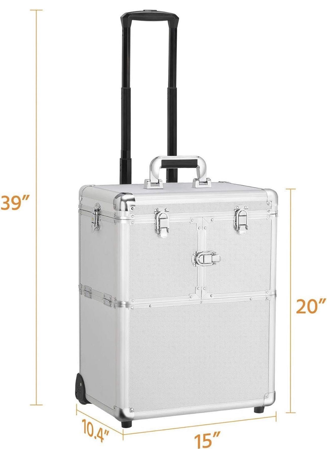 Professional Makeup Train Case Travel Makeup Trolley Rolling Cosmetic Case Beauty Train Case Beauty Organizer, Silver 592562