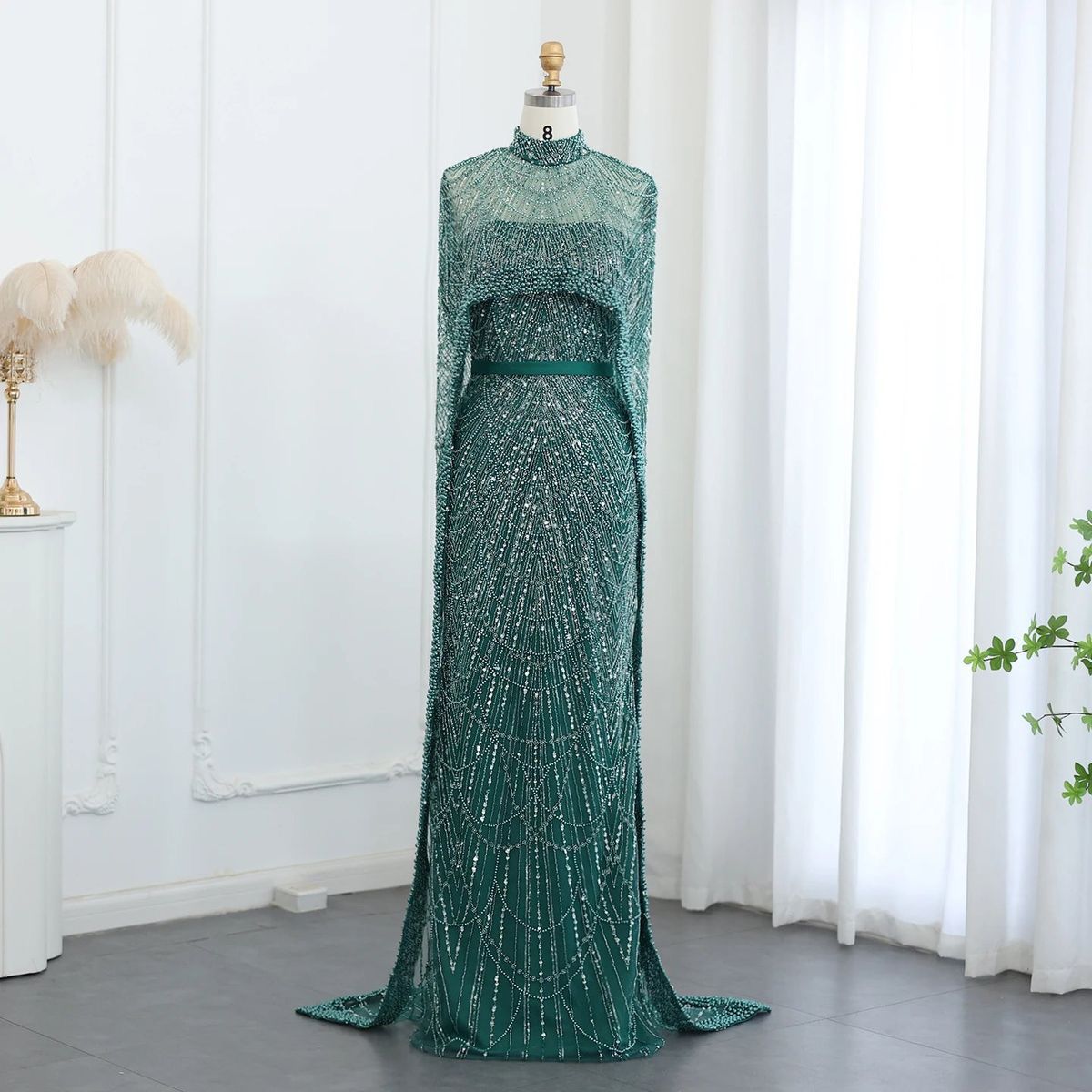 Luxury High Neck Mermaid Emerald Green Pearl Maxi Evening Dress/Gown