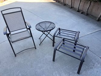 Patio metal chairs, tables and ottomans