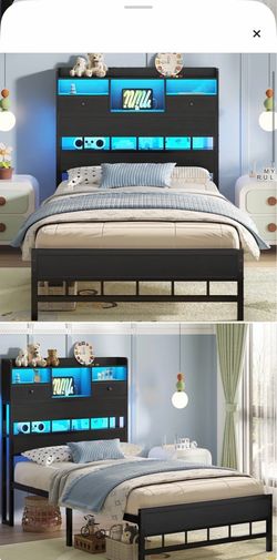 Black Metal Bed Frame with LED Headboard Shelves
