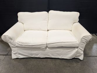 Used White Slipcover Loveseat Sofa Two-Seater Casual Modern