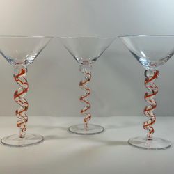 Vintage Set Of Three Spiral Orange 🍊 Martini Glasses 