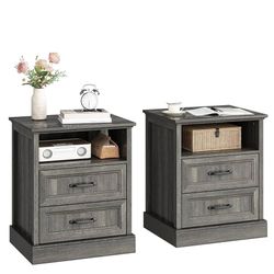 20" Farmhouse Nightstand Set of 2, End Table with 2 Large Drawers & Open Storage, Side Table, Bedside Table for Bedroom, Living Room, Grey