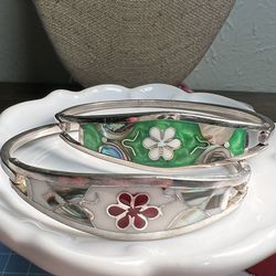 Two Vintage MEXICO Inlaid Alpaca Silver Bracelet Flower and Butterfly