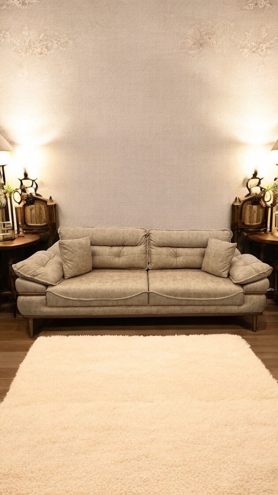 Timber Luxe Three-Seater Beige Sofa for Living Room, Suede Durable and Strong Fabric, Convertible Bed