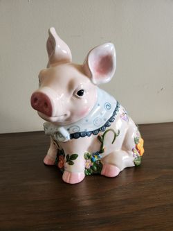 Vintage Ceramic Pig Cookie Jar Mercuries Whimsical Handpainted Floral Motifs Butterfly Blue Bandana