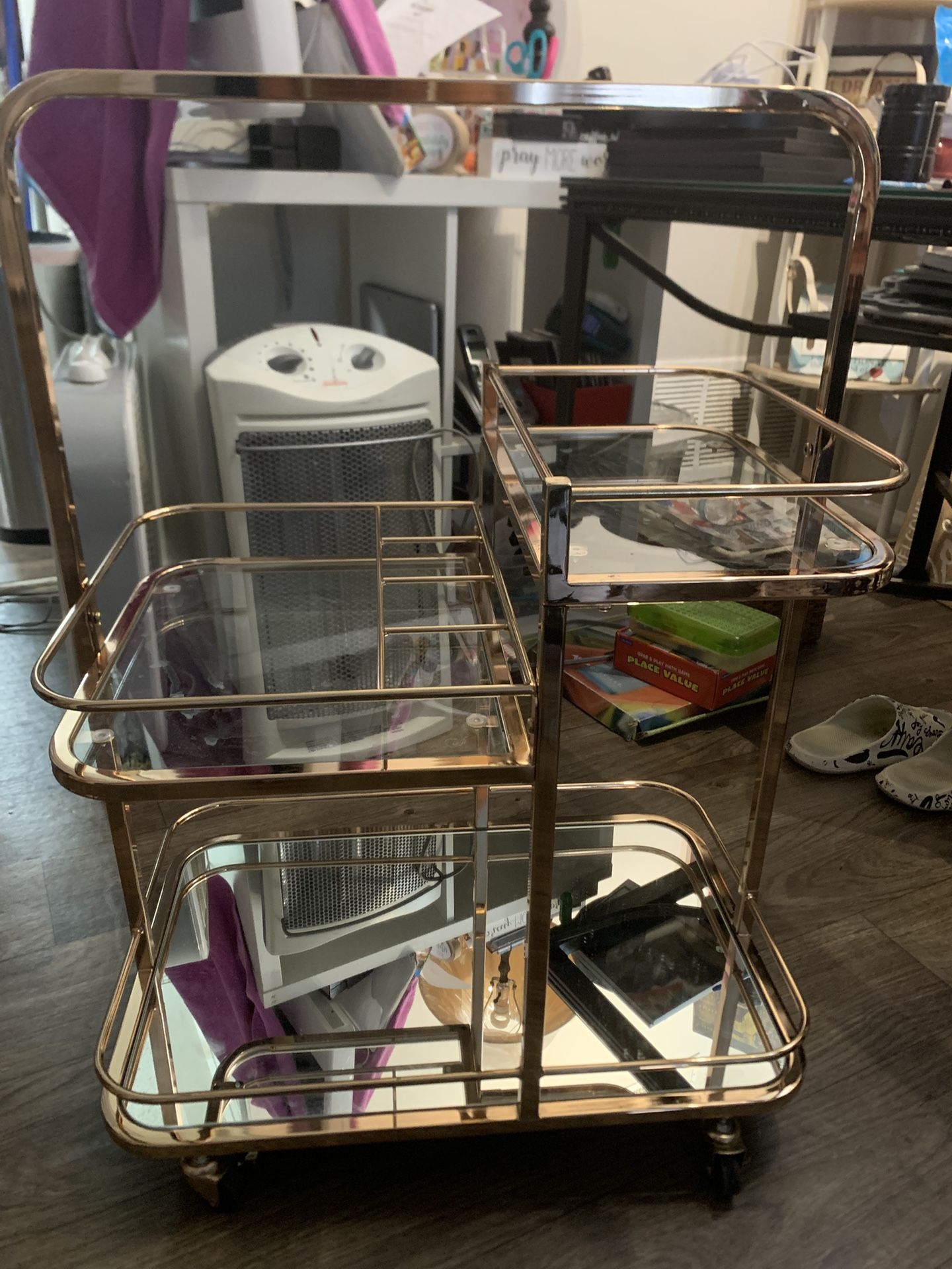 3 Tier Beverage Or Cosmetic Rose Gold Glass and Mirror Cart