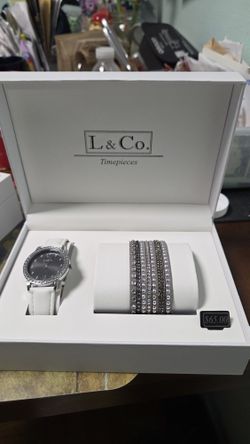 L & Co. Timepieces Beautiful Watch And Bracelet Set. Brand New. White Gray Color
