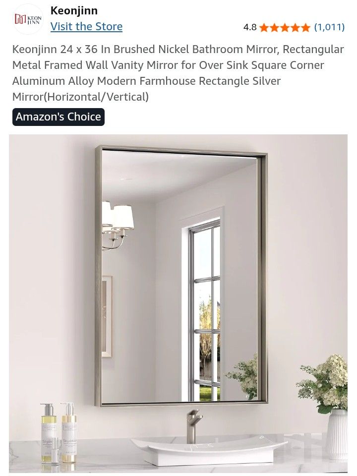 Keonjinn 24 x 36 In Brushed Nickel Bathroom Mirror, Rectangular Metal Framed Wall Vanity Mirror for Over Sink Square Corner Aluminum Alloy Modern Farm