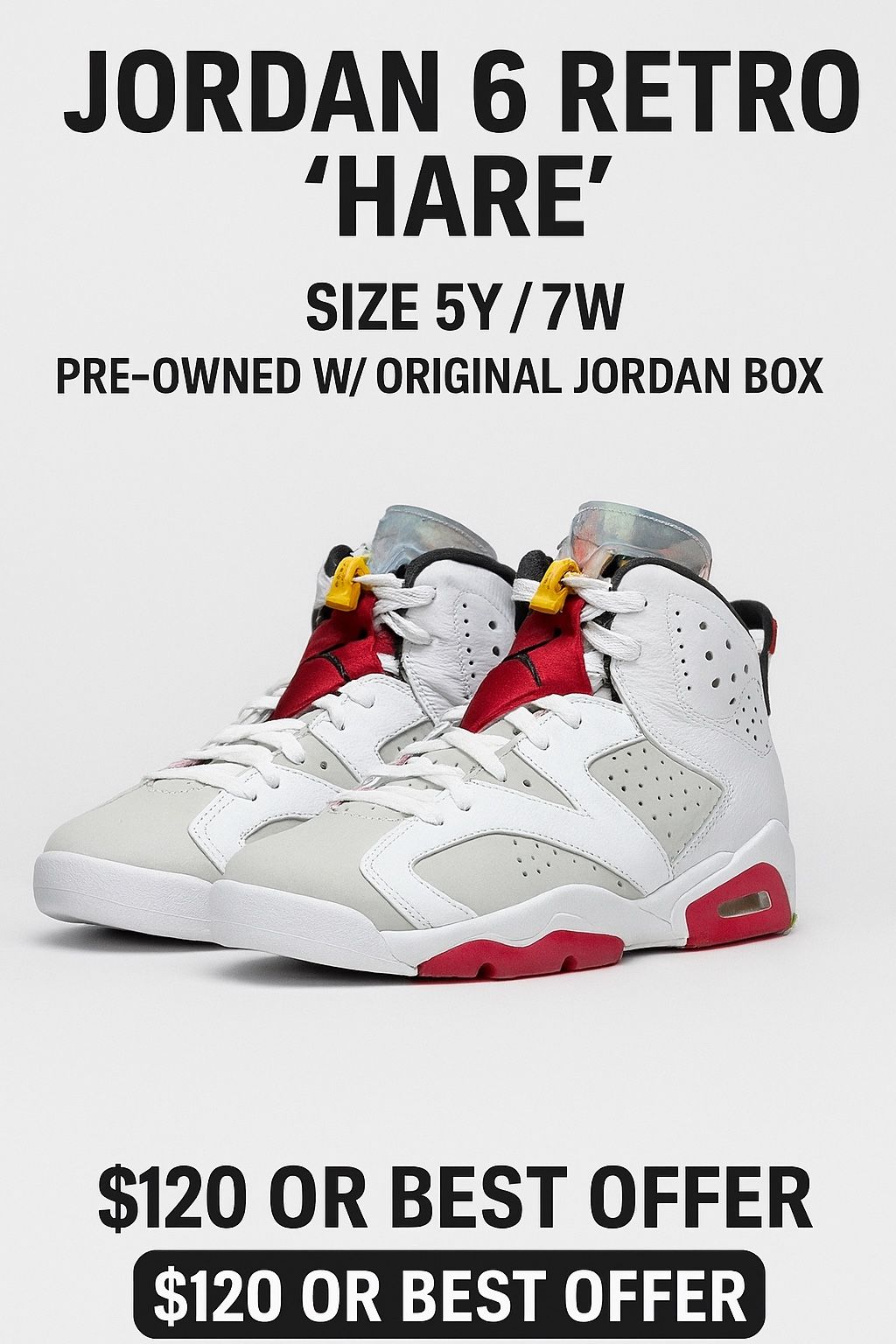 Jordan 6 Retro ‘Hare’ – Size 5Y/7W – Pre-Owned w/ Original Box