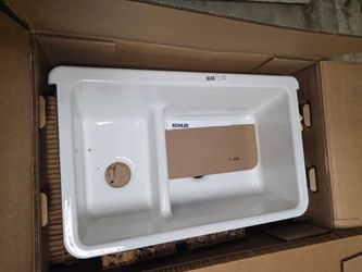 Whitehaven Smart Divide Self-Trimming Farmhouse Apron Front Cast Iron 36 in. Double Bowl Kitchen Sink in White new open box item