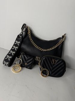 Victoria’s Secret 4pc Bag Bundle - Black Curved Shoulder Purse & Quilted Cases