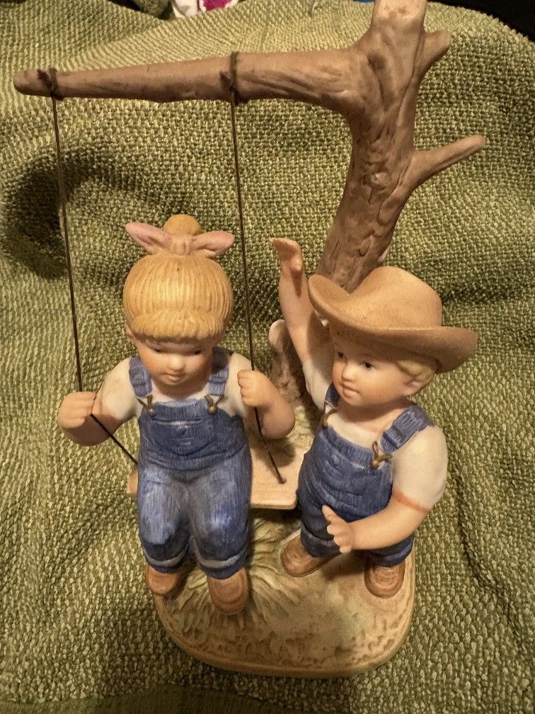 1985 HOMCO Denim Days porcelain figurine titled "Summer Days" featuring characters Danny and Debbie on a tree swing. 