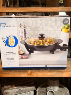 Mainstays 12" Round Ceramic Skillet with Glass Lid ,Black,Nonstick, 1200W, Removable Temp Control, Dishwasher Safe