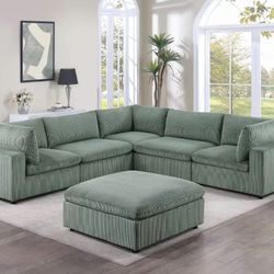 Green Corduroy Sectional Sofa With Ottoman 