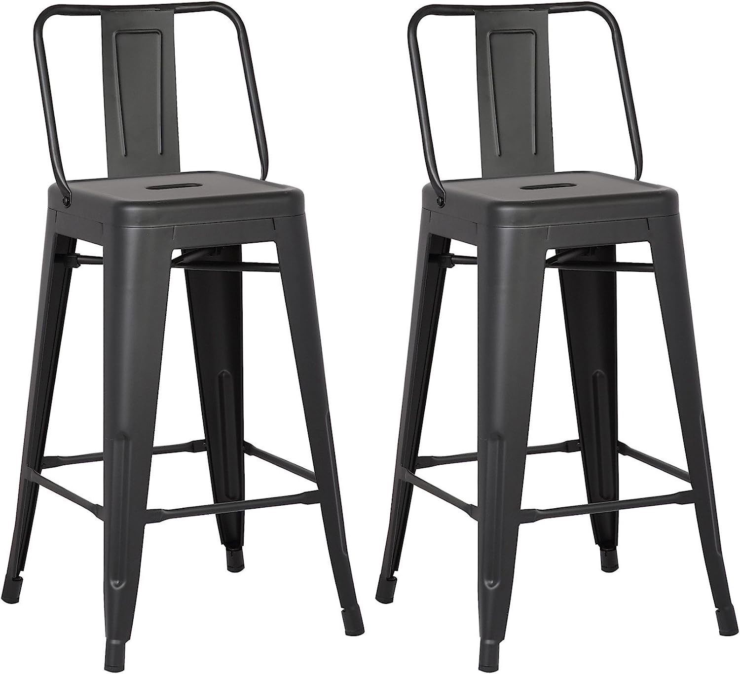 AC Pacific Modern Industrial Metal Bar Stool, Bucket Back and 4 Leg Design Ideal for Kitchen Island or Counter Top, Set of 2, 30" Seat, Matte Black