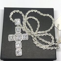 925 Sterling Silver CZ Cross men’s Pendant Rope Chain Necklace Size 24”
