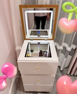 Liftable Makeup Table with 180° Rotating Desktop, Compact Pine Dressing Table Set with 3 Color Makeup Mirror, 3 in 1 Small Makeup Vanity Save Space fo