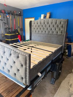 Gray Velvet Tufted Upholstered Bed Frame