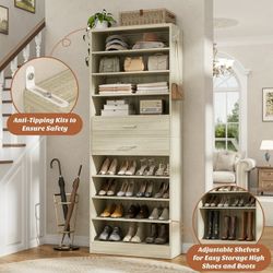 10-Tier Shoe Cabinet with 2 Drawers, 65cm Width Freestanding Closet Organizer with Adjustable Storage Shelves & Side Hooks –for Entryway, Bedroom, Liv