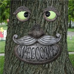 Tree Face Welcome Decor - Old Man with Glowing Eyes in Dark Outdoor Tree Hugger Sculpture - Whimsical Garden Tree Decorations Yard 