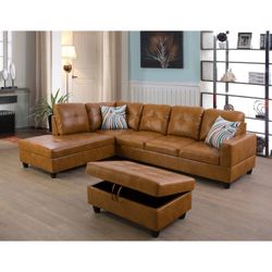New Ginger Leather Sectional And Ottoman 