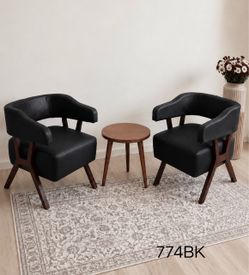 Set of 2, Black Leather Barrel Accent Chair