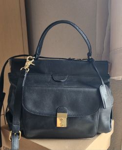 Tory Burch Priscilla Black Leather Satchel Top Handle Bag Purse Gold Hardware