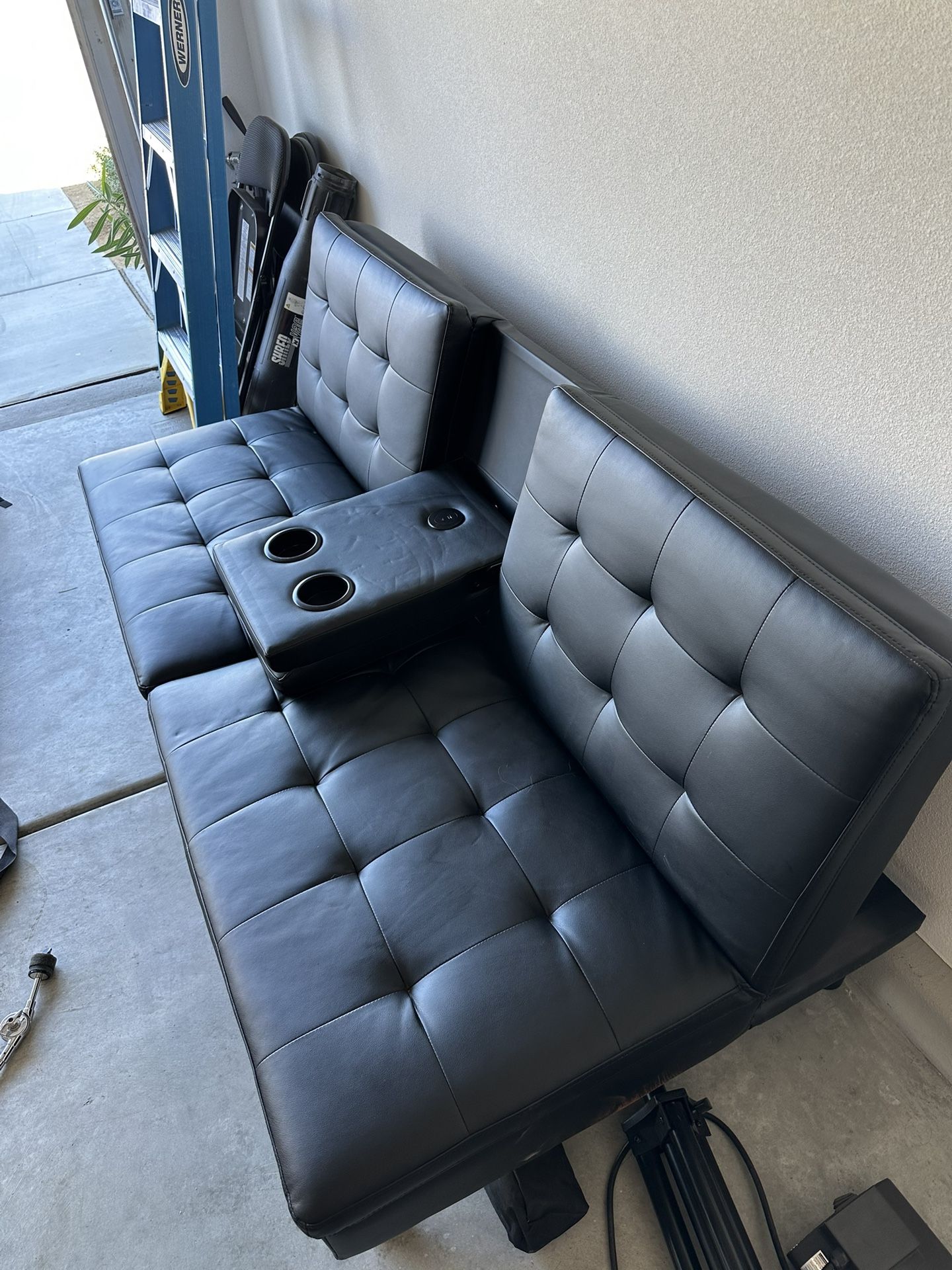 Memory Foam Futon with Cupholder and USB, Black Faux Leather